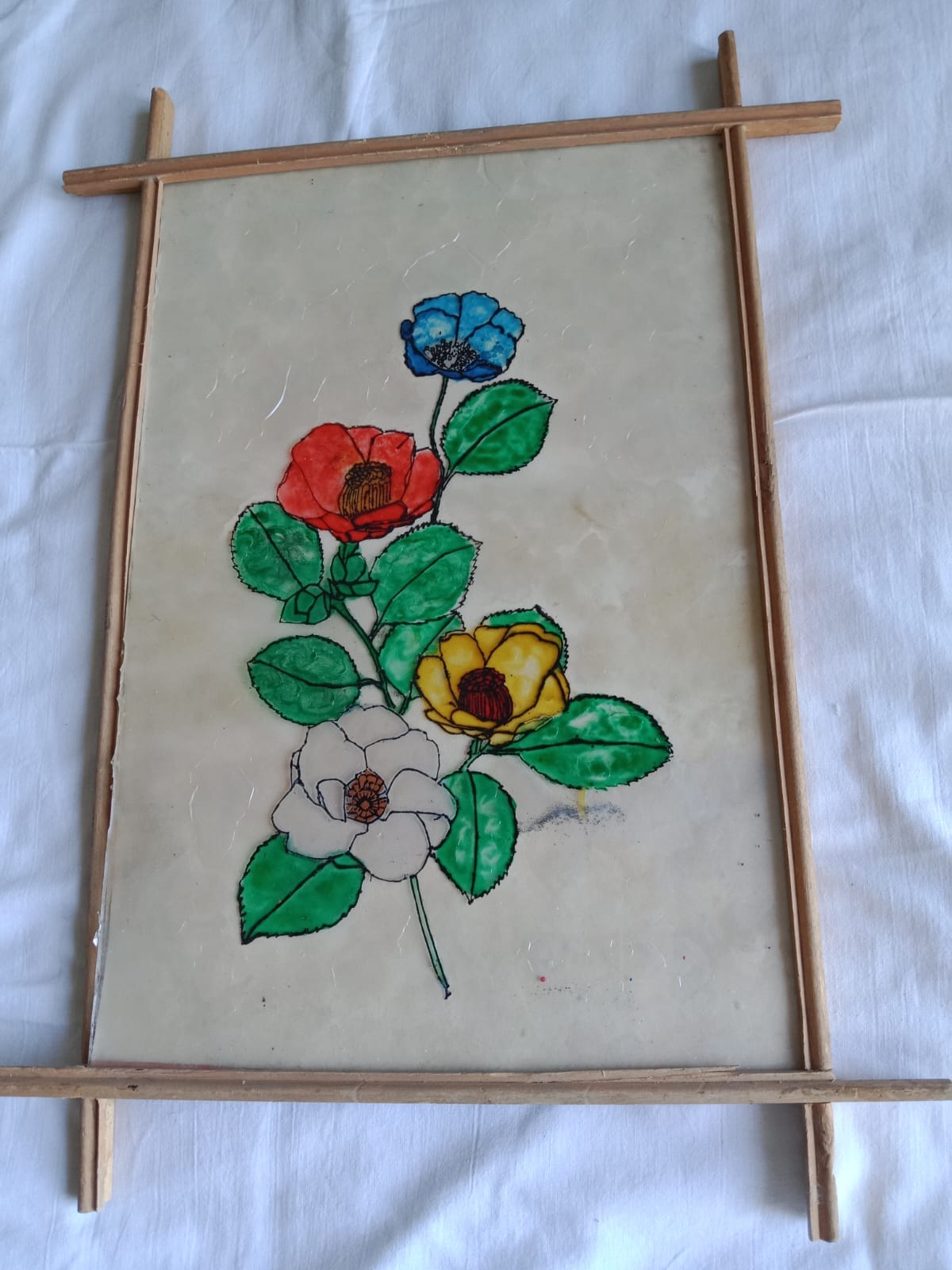 Floral painting with red, blue, yellow and white blooms