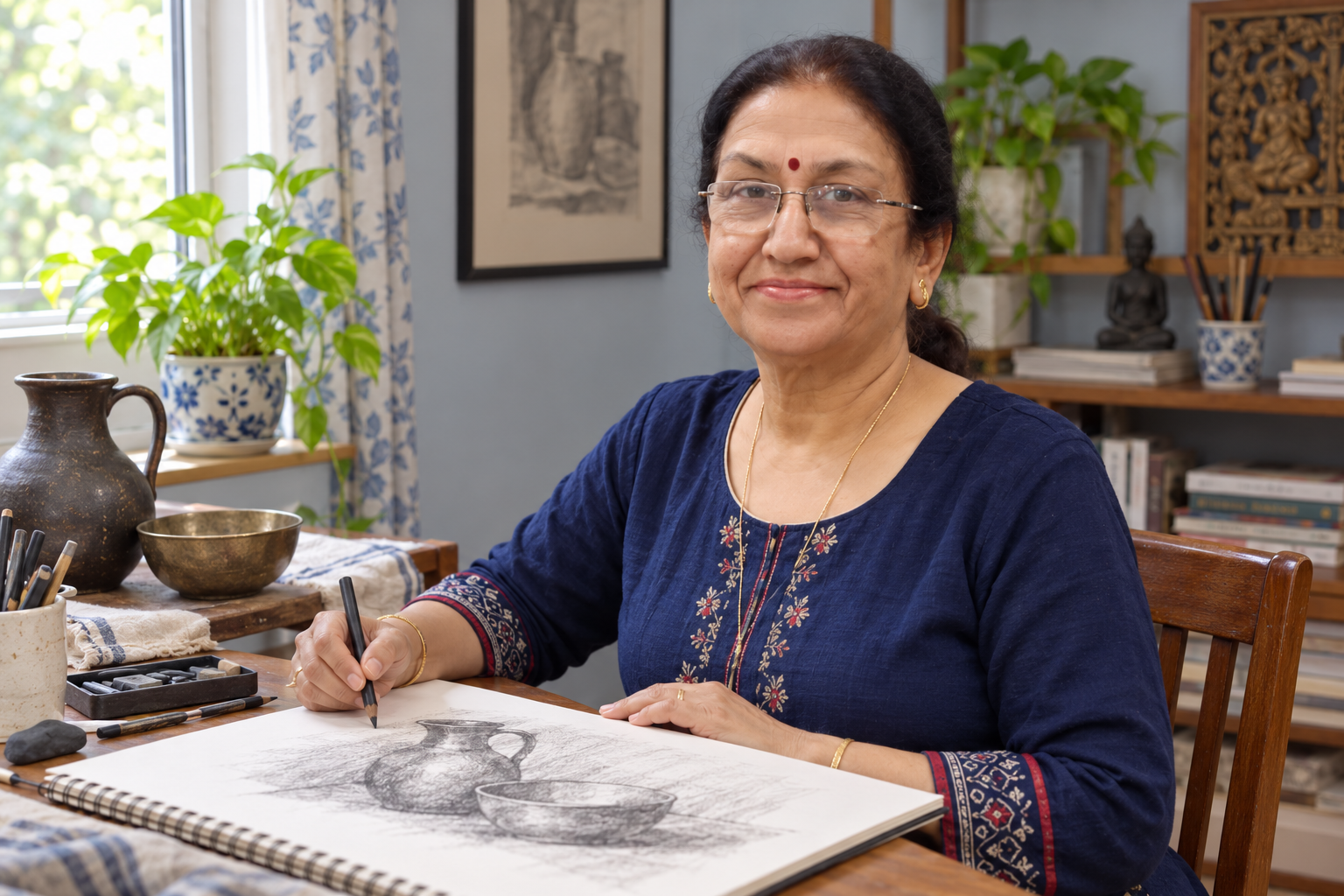 Meena at a drawing table