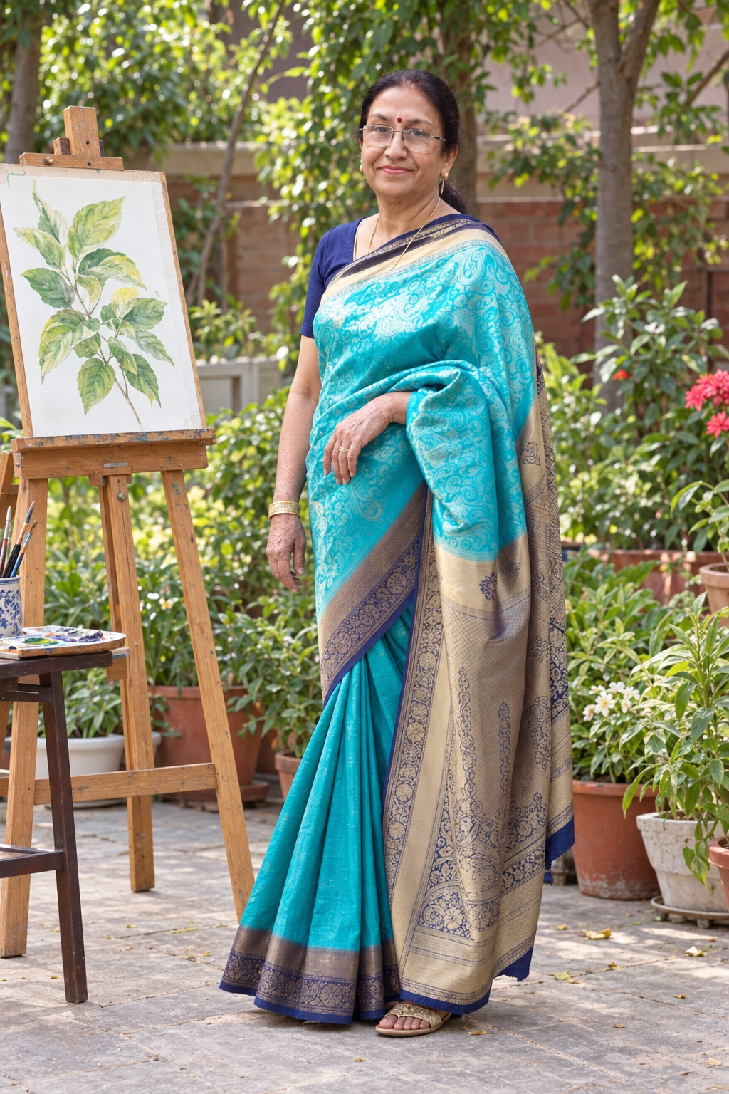 Art-teacher portrait of Meena Batra in a turquoise sari beside an easel