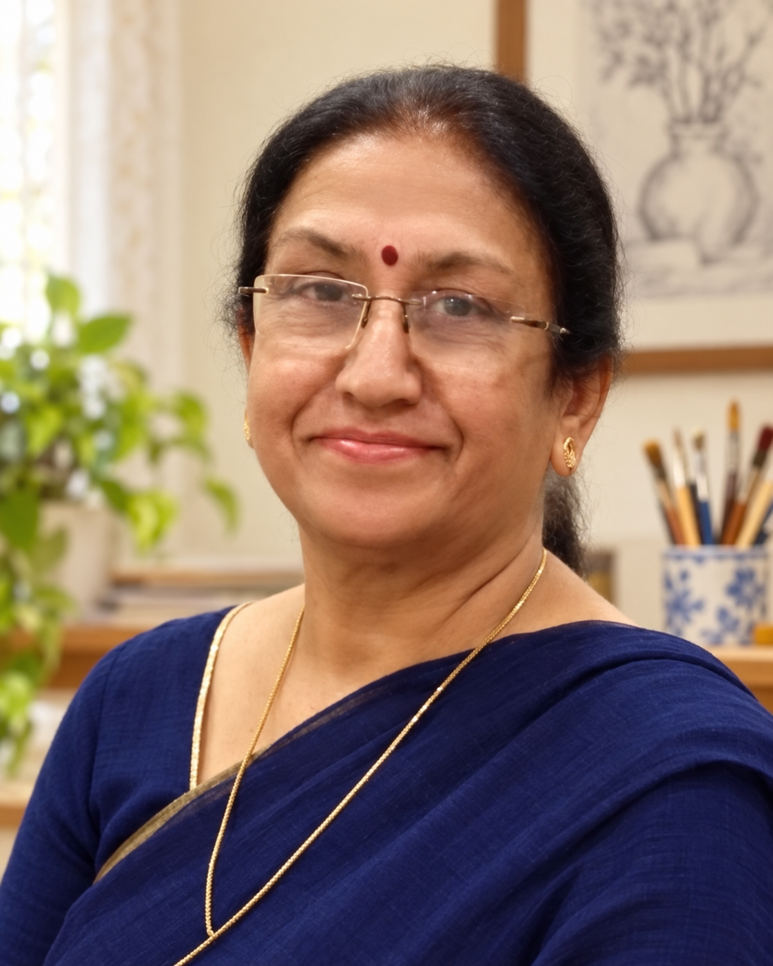 Portrait of Meena Batra in a navy sari